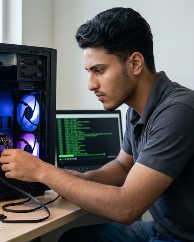 Alvi Hassan connecting cables inside a desktop PC, with a laptop terminal open beside him