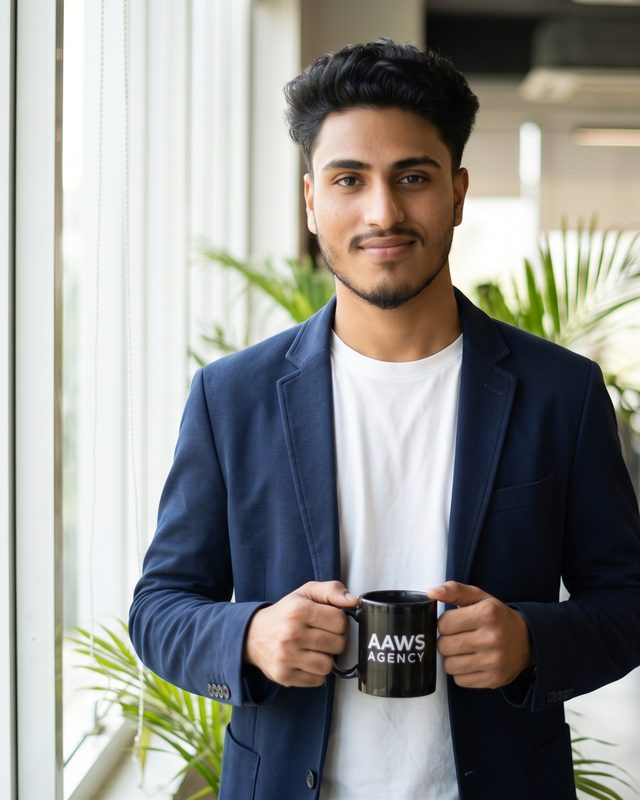 Alvi Hassan standing by an office window holding an AAWS Agency mug