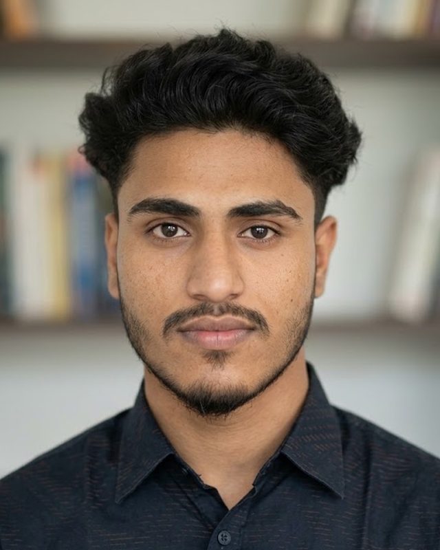 Close portrait of Alvi Hassan in front of a bookshelf